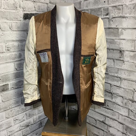 Vintage 90s Harris Tweed Blazer Brown Herringbone Wool Two Button Sport Coat - Picture 7 of 15